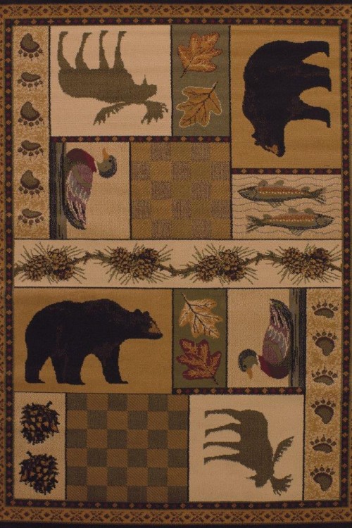 Picture of an area rug that has bears, moose, ducks, trout, pine cones, and leave on it